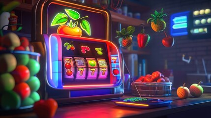 Vibrant Slot Machine with Fruit Symbols in Neon Light