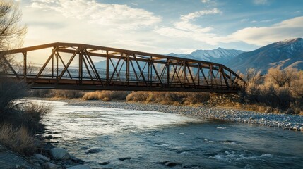 Fototapeta premium A classic iron truss bridge over a flowing river, set against a backdrop of mountains, late afternoon sun casting shadows, peaceful and natural scenery, ideal for corporate or tourism stock 