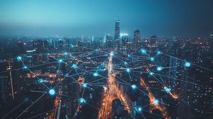 Smart digital Innovation city with connection network reciprocity over the cityscape. of future smart wireless city and social media networking systems that connects business people with in city