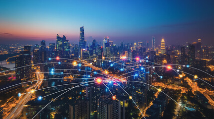 Fototapeta premium Smart digital Innovation city with connection network reciprocity over the cityscape. of future smart wireless city and social media networking systems that connects business people with in city