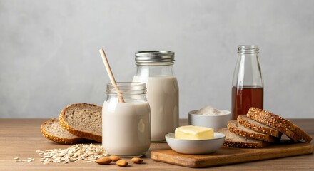 Breakfast setup with oat milk, bread, butter, and almonds on wooden table