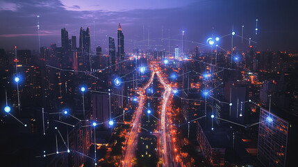 Fototapeta premium Smart digital Innovation city with connection network reciprocity over the cityscape. of future smart wireless city and social media networking systems that connects business people with in city