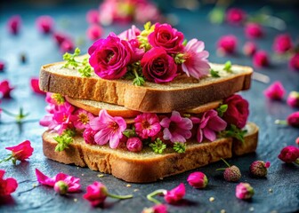 Naklejka premium Dreamy pink flower toast sandwich: artistic edible art, a whimsical breakfast treat.