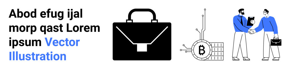 Briefcase, blockchain mining rig with Bitcoin symbol, two men in blue attire shaking hands and holding bags. Ideal for corporate presentations, fintech, business strategy, partnership, blockchain