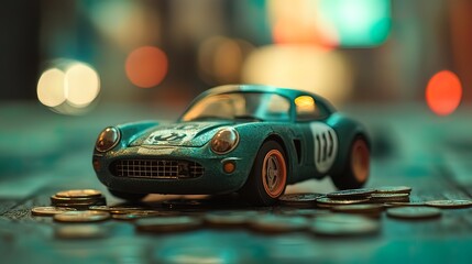Vintage toy racecar on coins, bokeh background.