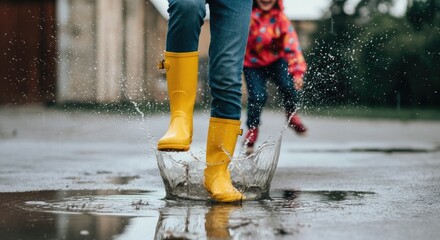 Two children playing in puddles while wearing rain boots