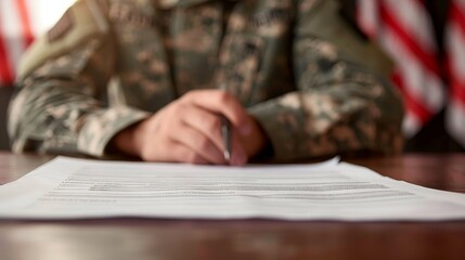 Military officer in uniform carefully reviewing a contract document on a wooden table, serious expression reflecting the significance of the agreement in a professional setting.	