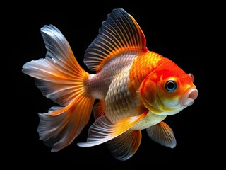 High-resolution studio shot: a magnificent gold oranda, its elaborate fins detailed against a stark black background.