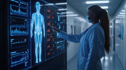 A medical professional interacts with a high-tech display showing a holographic human body and health metrics in a futuristic healthcare setting.