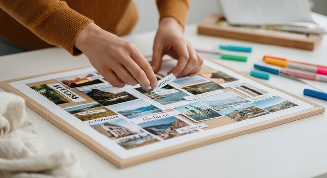 Person creating vision board with photos and words