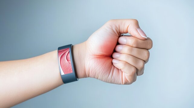 ultrasound procedure screening Concept. A close-up of a clenched fist adorned with a stylish wristband against a plain background.