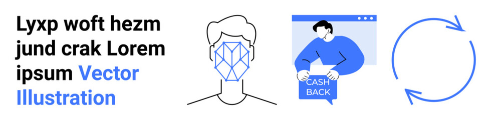 AI head with geometric facial pattern, person holding Cash Back sign in popup window, blue circular arrows. Ideal for tech blogs, finance websites, AI concepts, e-commerce, presentations, educational