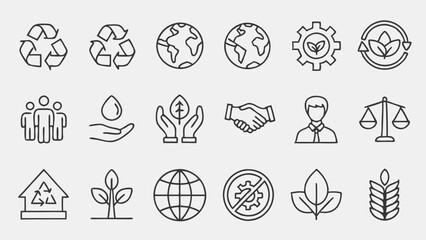Sustainability and Community Support Line Art Icon Set,ESG, Environmental,Social,Governance line icons set,net zero,climate crisis,recycle,electric car, collection,humanity,economy,Vector illustration