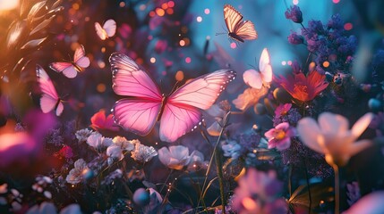 Enchanted Garden with Colorful Butterflies Surrounded by Flowers