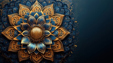 Intricate gold and blue ornate floral mandala design.