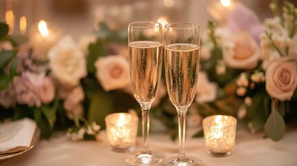 Elegant Toast with Champagne Glasses Surrounded by Romantic Flowers