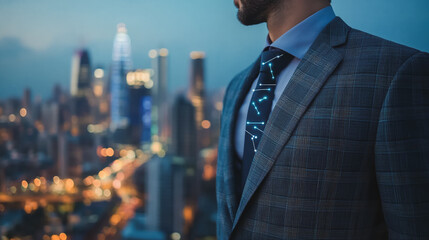 Fototapeta premium Smart digital Innovation city with connection network reciprocity over the cityscape. of future smart wireless city and social media networking systems that connects business people with in city