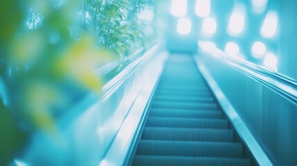 Blurred Metro Escalator with Light Blue Tones in Background