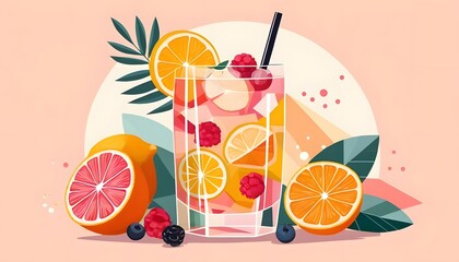 Illustration of two tall glasses of refreshing summer beverages with citrus slices and berries on a warm, sunny background