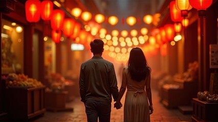 Obraz premium Romantic Couple Stroll, Lantern Lit Street - Warm lighting and atm.