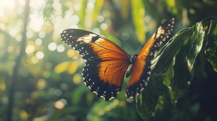 Orange butterfly perched on green leaf in sunlight.