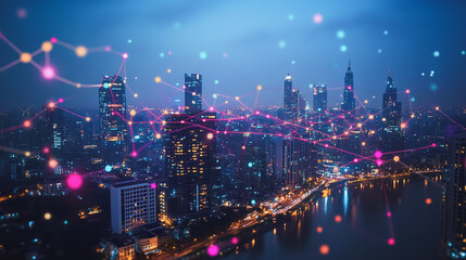 Fototapeta premium Smart digital Innovation city with connection network reciprocity over the cityscape. of future smart wireless city and social media networking systems that connects business people with in city
