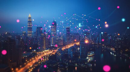 Smart digital Innovation city with connection network reciprocity over the cityscape. of future smart wireless city and social media networking systems that connects business people with in city