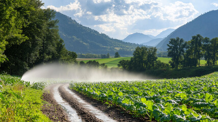 Fototapeta premium Automatic Irrigation Systems: automatic drip or sprinkler irrigation systems used on farms. To demonstrate efficient water management 