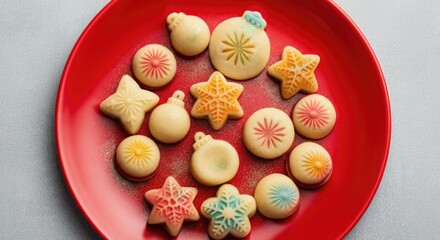 Fototapeta premium Festive cookies shaped like stars and ornaments on red plate