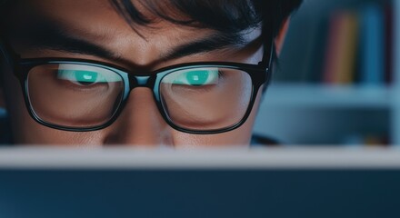 Fototapeta premium Asian male focused on computer screen with reflection in glasses