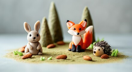 Fototapeta premium Clay figures of rabbit, fox, and hedgehog on forest-themed setup