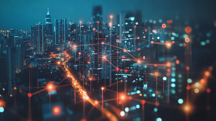 Obraz premium Smart digital Innovation city with connection network reciprocity over the cityscape. of future smart wireless city and social media networking systems that connects business people with in city