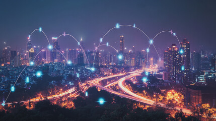 Fototapeta premium Smart digital Innovation city with connection network reciprocity over the cityscape. of future smart wireless city and social media networking systems that connects business people with in city