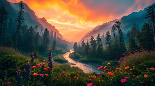 Spring Forest Mountain River in Sunset