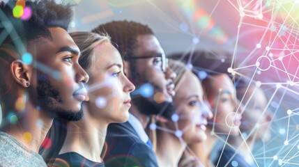 Diverse group of people with thoughtful expressions, surrounded by questionnaires and charts, symbolizing consumer survey insights and market research analysis.	