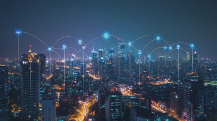 Obraz premium Smart digital Innovation city with connection network reciprocity over the cityscape. of future smart wireless city and social media networking systems that connects business people with in city