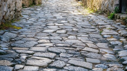 A cobblestone street with uneven, broken stones in an old European village 