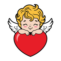 Charming cupid with wings holding a large red heart