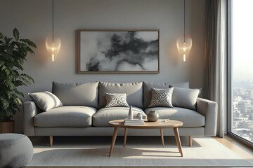 Grey sofa with cushions and coffee table in interior of stylish living room. Front view.