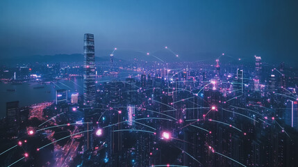 Smart digital Innovation city with connection network reciprocity over the cityscape. of future smart wireless city and social media networking systems that connects business people with in city