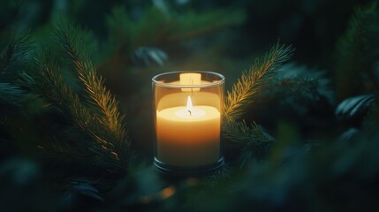 a glowing candle in a glass holder surrounded by pine branches.