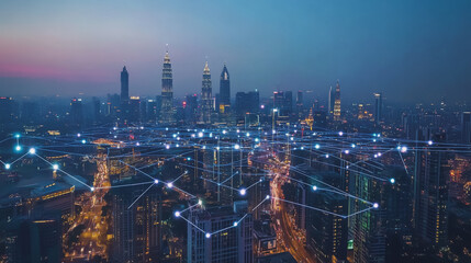 Fototapeta premium Smart digital Innovation city with connection network reciprocity over the cityscape. of future smart wireless city and social media networking systems that connects business people with in city