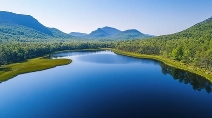 Aerial View of Pristine Alpine Lake Reflecting Surrounding Mountains