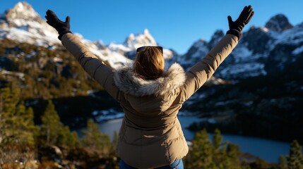 Fototapeta premium Woman enjoying the breathtaking view of snowy mountains and a serene lake