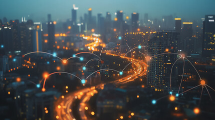 Fototapeta premium Smart digital Innovation city with connection network reciprocity over the cityscape. of future smart wireless city and social media networking systems that connects business people with in city