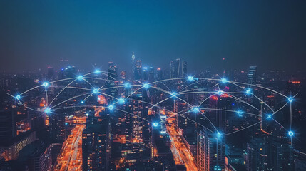 Obraz premium Smart digital Innovation city with connection network reciprocity over the cityscape. of future smart wireless city and social media networking systems that connects business people with in city