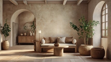 Fototapeta premium Interior design, modern rustic, round mirror, wooden console table, neutral tones, minimalist decor, potted plants, ceramic vases, natural materials, warm lighting, textured walls, earthy color palett