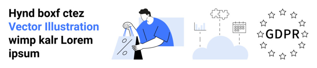 Person handling boxes, illustrations of cloud computing, data charts, and GDPR compliance icon. Ideal for e-commerce, data security, privacy laws, cloud storage, regulatory compliance tech start-up