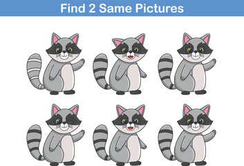 Funny cartoon racoon. Find two same pictures. Educational game for children. Cartoon vector illustration