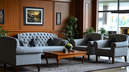 Elegant hotel lobby with gray sofas, wooden accents, and plants.